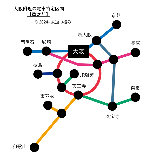 大阪附近の電車特定区間範囲図2024年現行